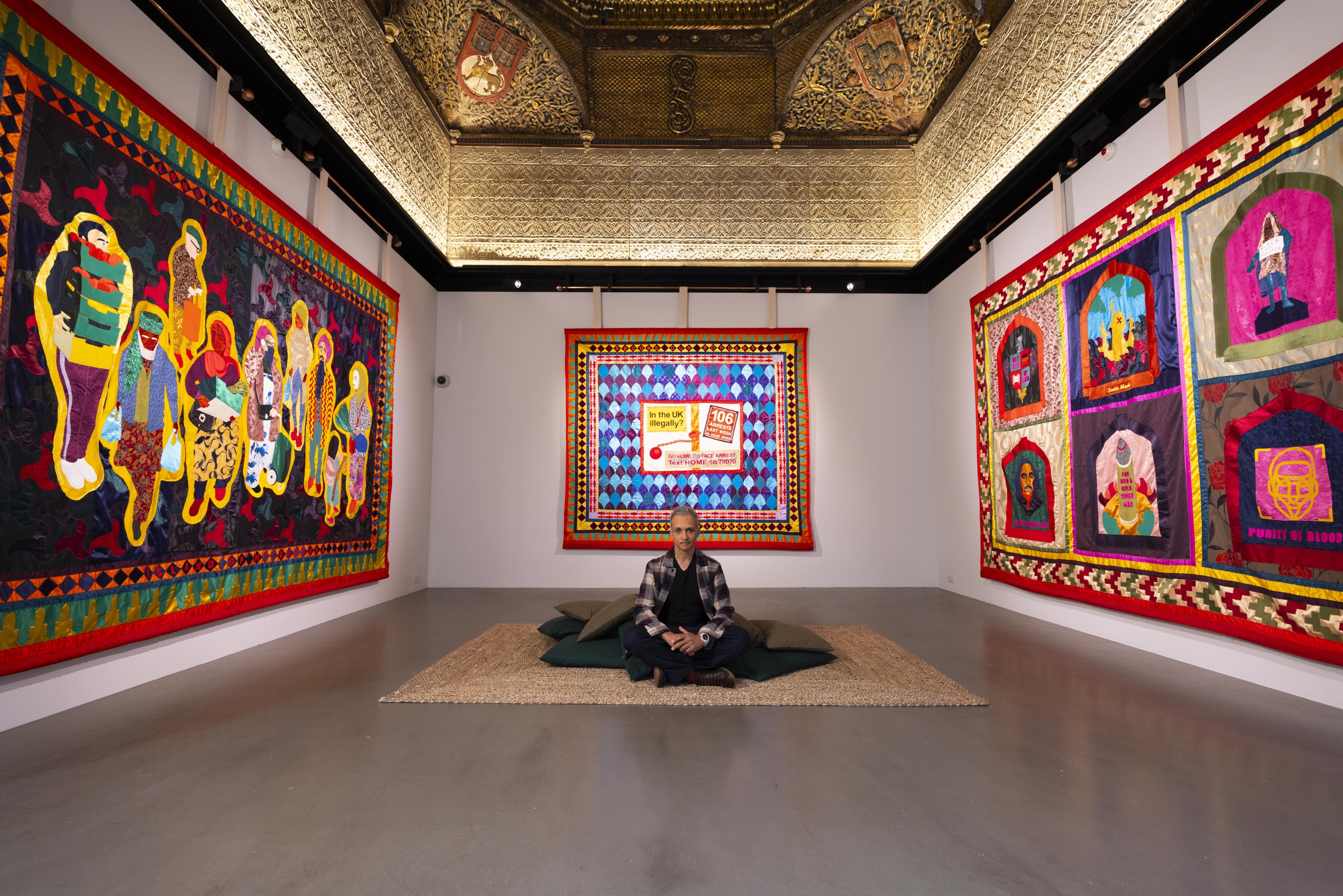 Shahed Saleem with ‘I Was Born Here’, V&A East New Work commission on display at V&A East Storehouse © David Parry for the V&A