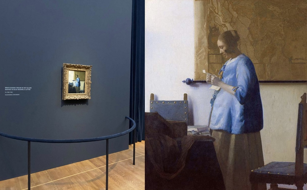 'Woman in blue reading a letter' (1662-65) on view, with a rail matching the painting's colour.